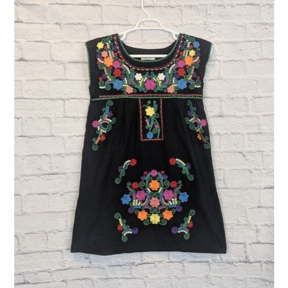 Womens Floral Embroidered Dress Size Small‎ Black Boho Hippie Festival Yzxdorwj